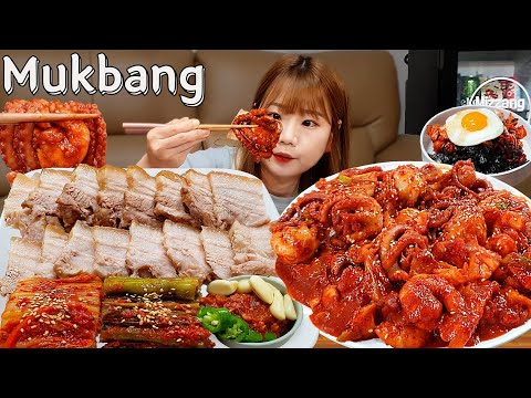 [モッパン料理 - ひとり飲み] 辛いタコエビ炒め 🔥 ゆで肉 🥩 タコビビンバ 🐙 韓国蒸留酒 🍶 ASMR 韓国料理