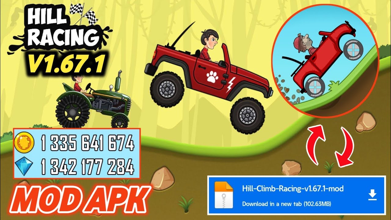 Hill Climb Racing Mod Apk v1.67.1 Unlimited Money, Gems &