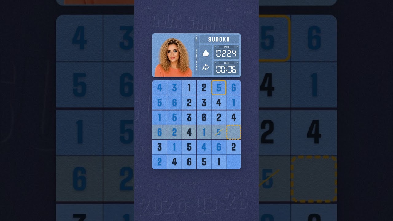 LinkedIn Mini Sudoku #224 solved board for March 23, 2026, 6x6 grid