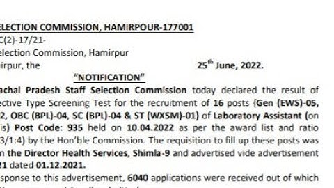 hpssc Laboratory Assistant on  contract basis Post Code 935 result | laboratory assistant 935 |