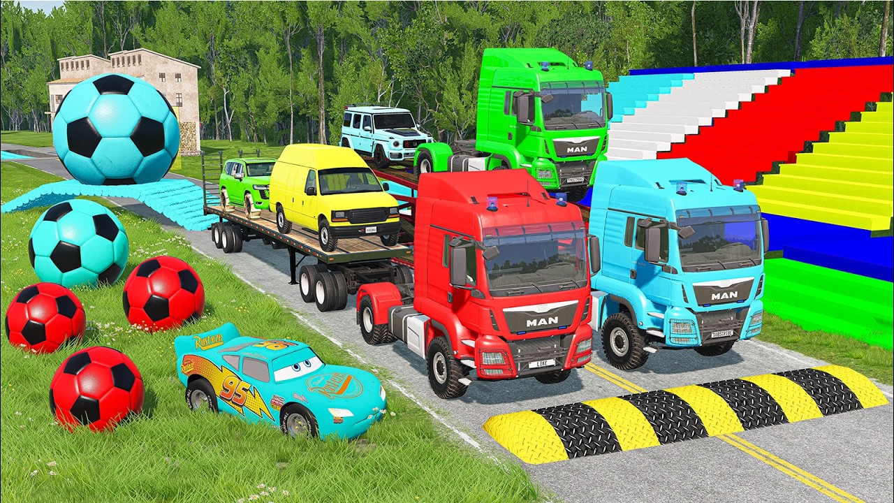Flatbed Trailer McQueen Transportation with Truck | Speedbumps vs Cars vs Train  | BeamNG.Drive 14
