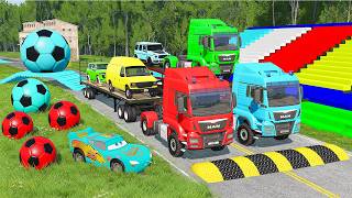 Flatbed Trailer McQueen Transportation with Truck | Speedbumps vs Cars vs Train  | BeamNG.Drive 14