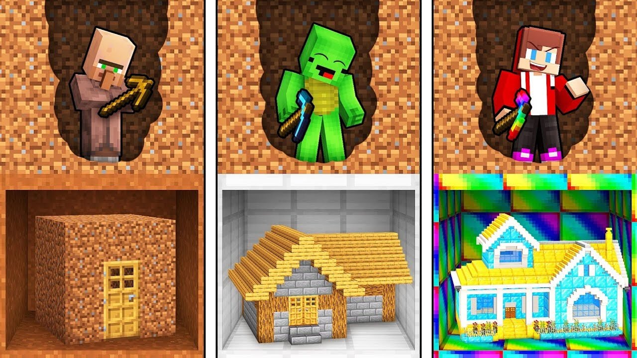 我的世界：杰杰的彩虹矿洞VS麦琪的铁矿洞VS村民的泥土矿洞