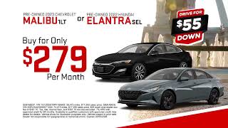 Start the year in a Chevrolet Malibu or Hyundai Elantra for just two seventy-nine a month!