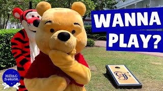 Surprise Meeting Winnie the Pooh and Tigger in Disney World: Playing Cornhole with Pooh and Tigger