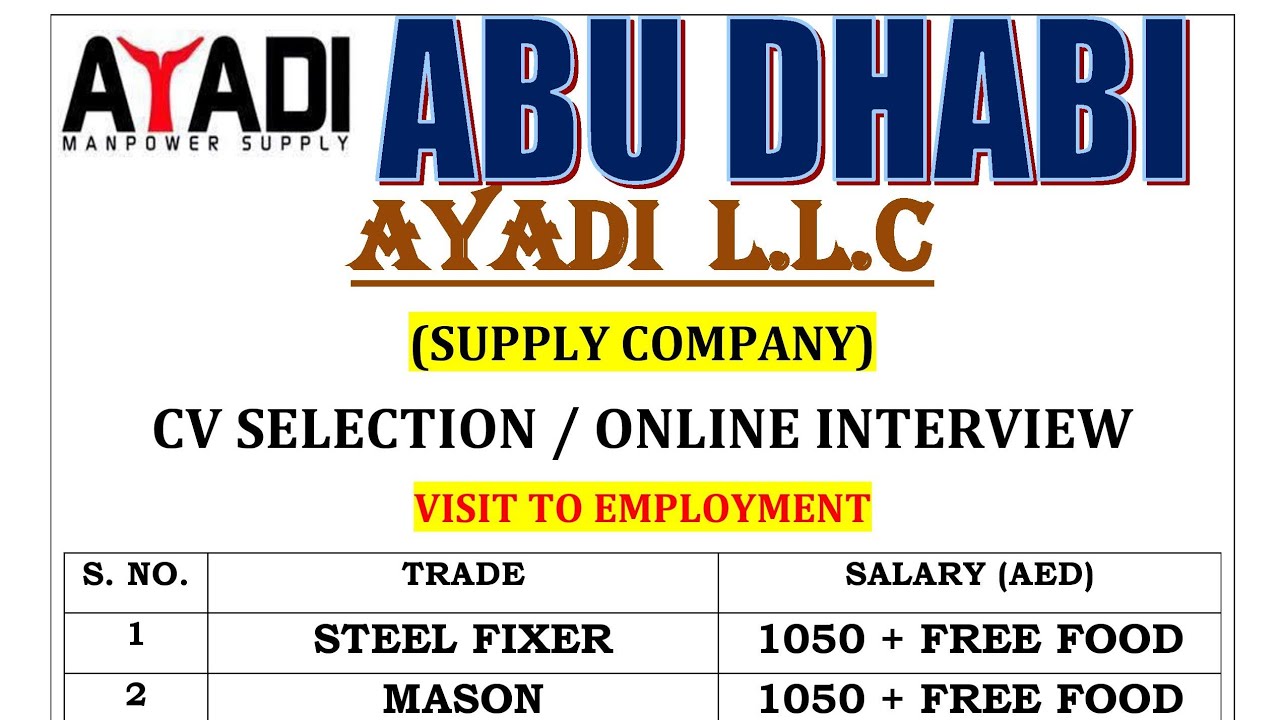 ABU DHABI JOBS IN AYADI L.L.C. MPh. 9418381725, 9816171358