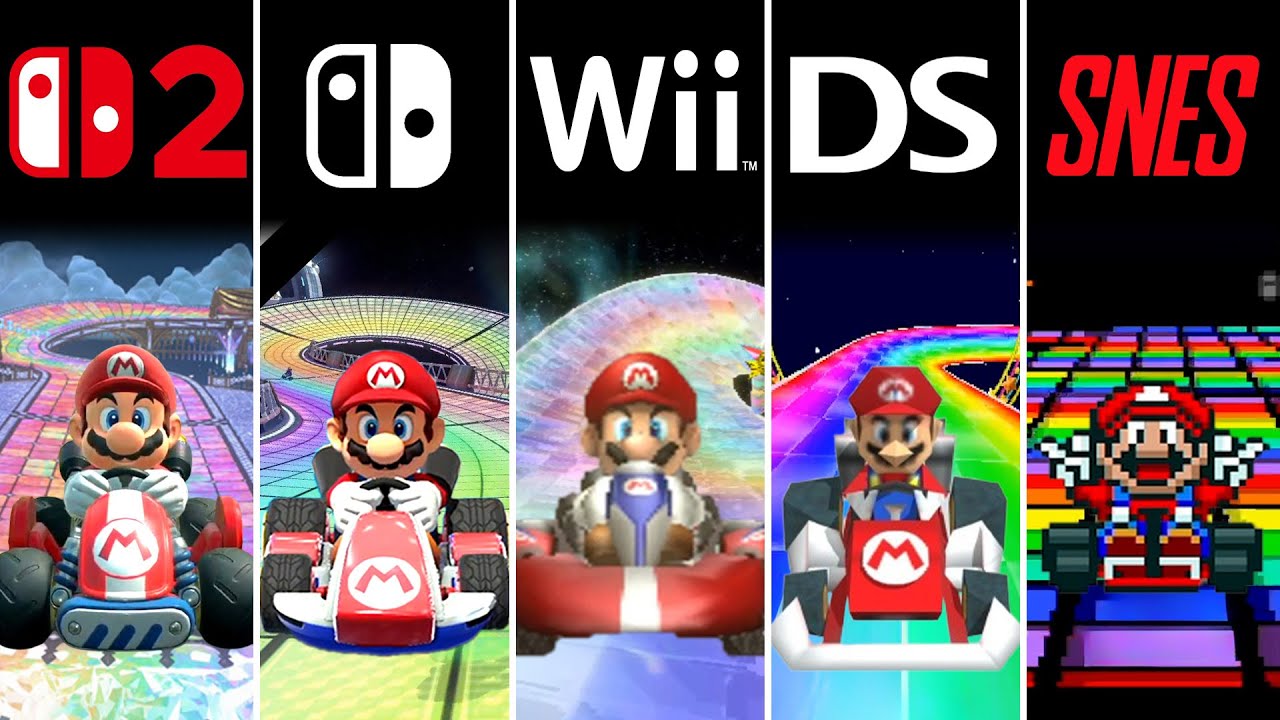 Evolution of Rainbow Road in Mario Kart games and Movie (1992~2025)