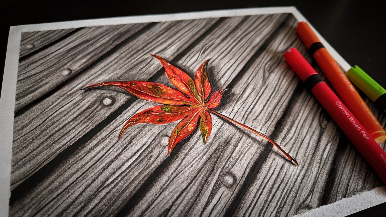 Realistic Autumn Leaf Drawing for Beginners | Maple Leaf Color Drawing ...
