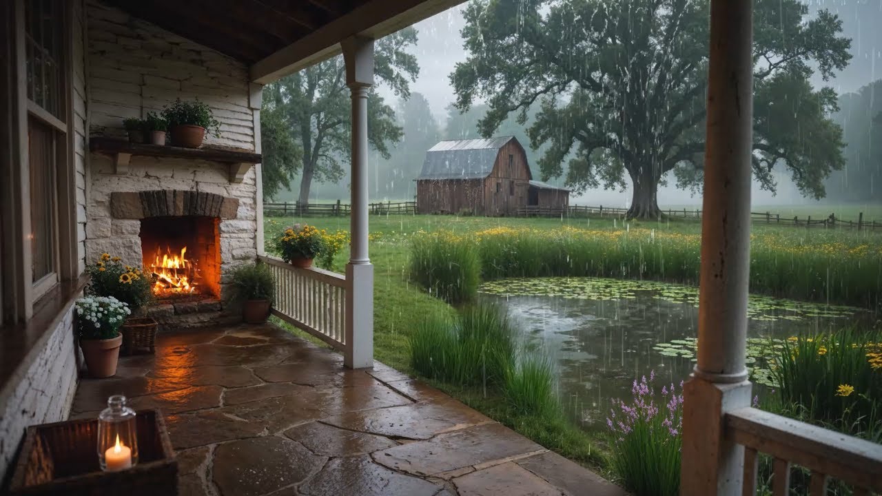 ☔ Rainy Farm Morning Ambience | Cozy Cottage Porch | Ambient Rain & Fire Sounds for Sleep & Focus