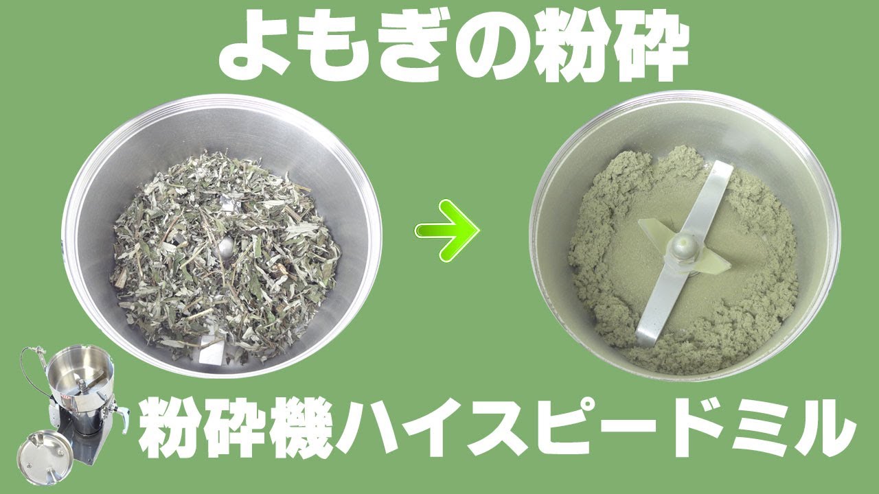 ヨモギの乾燥～粉砕例] 繊維の影響で粉末にならず「もぐさ」のように