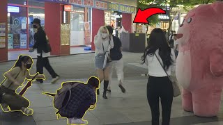 A Korean Girl FELL On Ground!! AWESOME Reactions!! Giant pink bear Prank