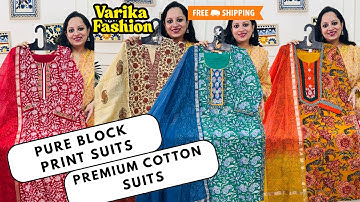 Block Print cotton suits in chanderi fabric block print suits in premium quality kota doria suits
