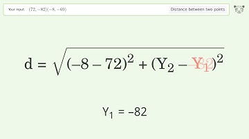 Find the distance between two points p1 (72,-82) and p2 (-8,-69): Step-by-Step Video Solution