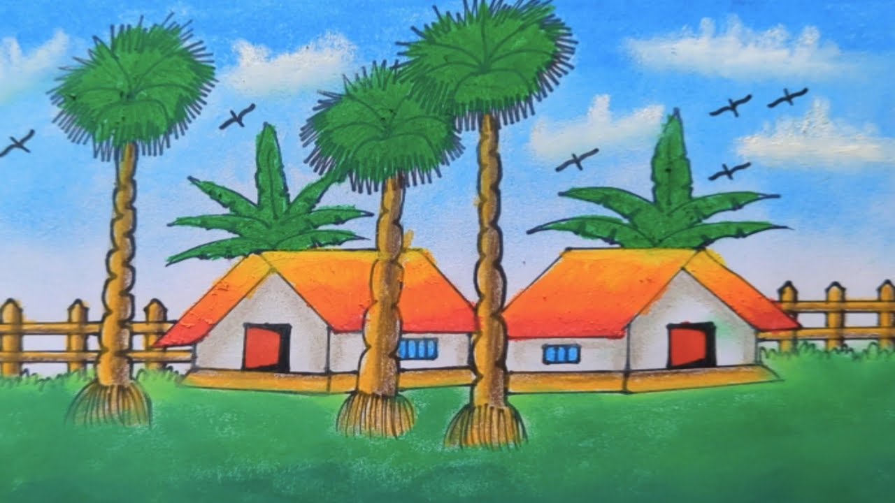 How to Draw Easy Village Scenery Drawing step by step - Easy Village Landscape Drawing for Beginners