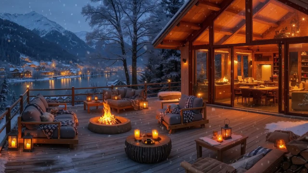 Cozy Winter Cabin Cafe Ambience ☕ Smooth Jazz Piano Music with Warm Fireplace & Snowfall for Relax
