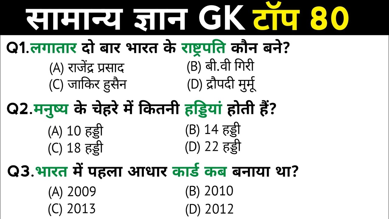 सामान्य ज्ञान | General Knowledge | Top 80 Gk GS questions | SSC GD, MTS, RPF, CRPF | GK quiz