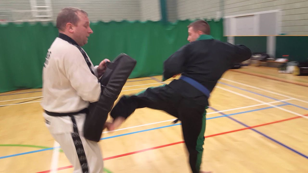 TAGB Taekwondo pad drill run away sidekicks YouTube