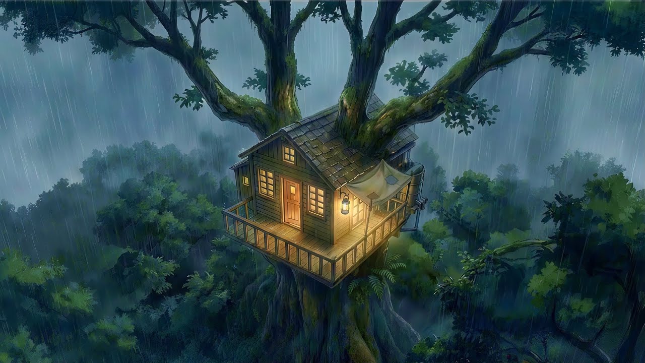 Living in a treehouse in the middle of the forest during a storm⛈🌳 Studio Ghibli Style