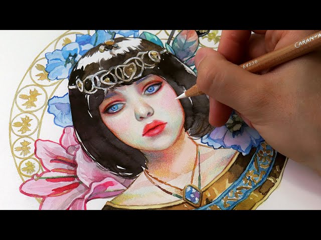 Painting Modern ART NOUVEAU! // Watercolor & Color Pencils Tutorial