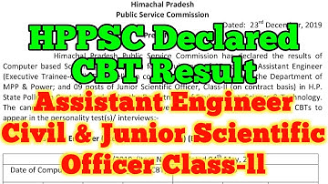 HPPSC Declared Assistant Engineer Civil and Junior Scientific Officer CBT Exam Result 23-12-2019