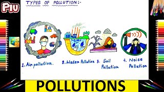 How to Draw Types Of Pollutions Drawing | पर्यावरण प्रदूषण पर चित्र | Top 4 Manmade Pollutions Draw