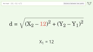 Find the distance between two points p1 (12,-1) and p2 (-4,7): Step-by-Step Video Solution