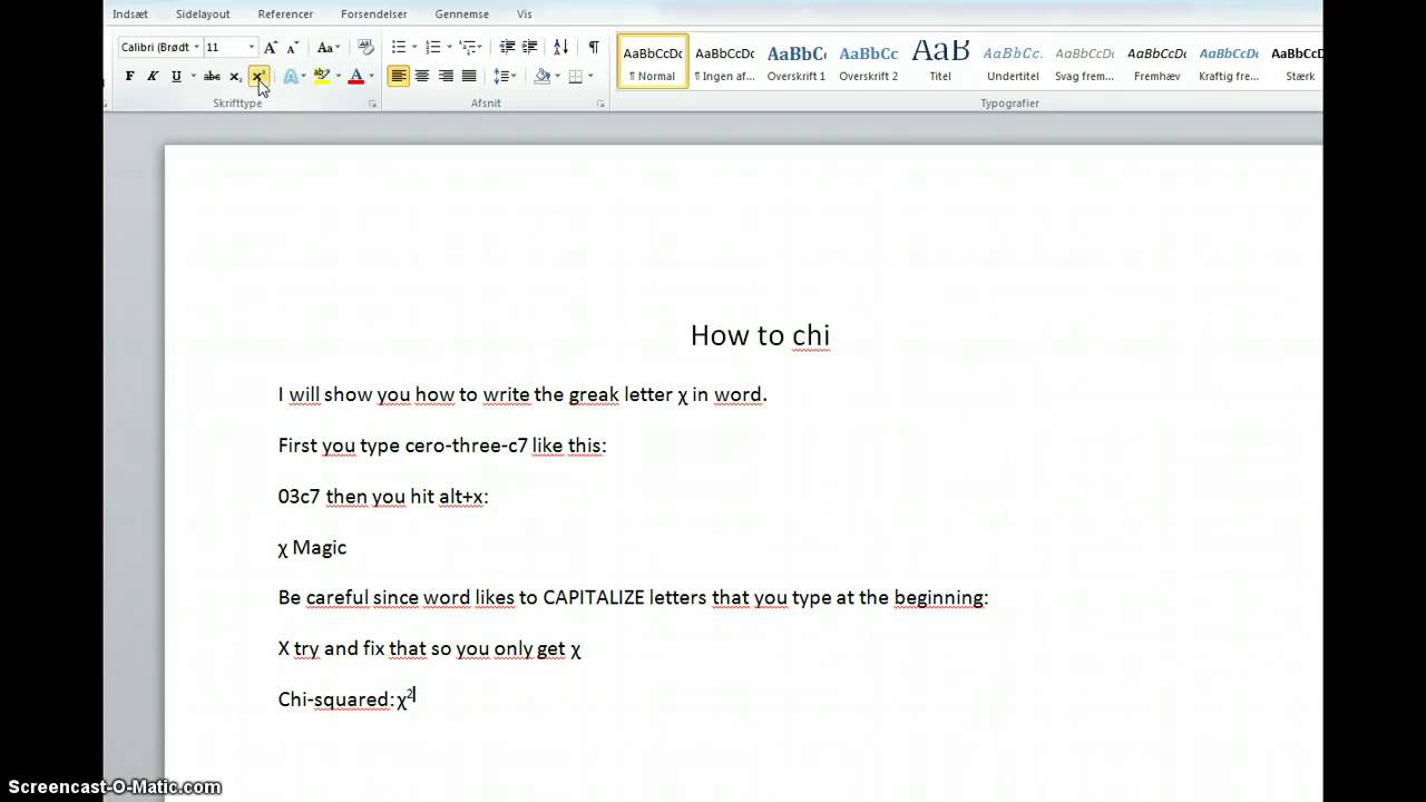 how to write CHi in word