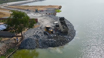Incredible! Nice Equipment, Skills Bulldozer Push Big Rock into Water with Dump Truck Unloading Rock