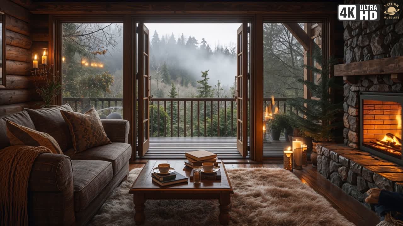 2-Hour Rain Piano Fireplace & Coffee | 4K Calm