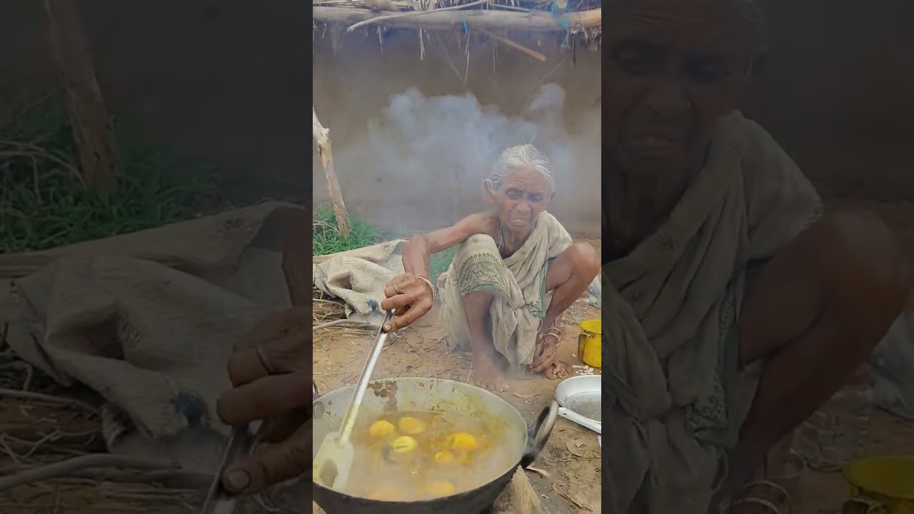 rural old poor Grandma cooking EGG CURRY and eating