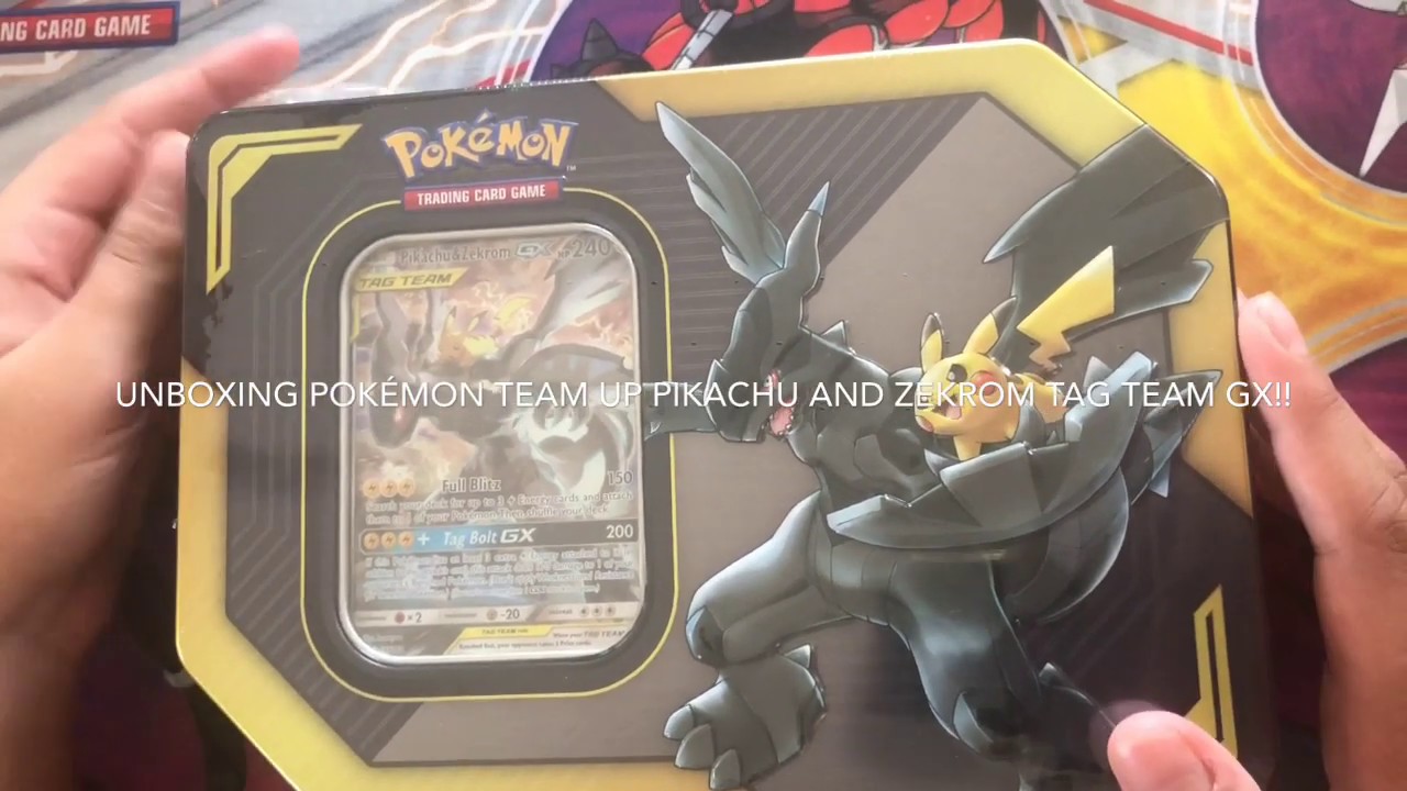Unboxing Pokémon tcg sun and moon team up tag team GX pikazek tin!