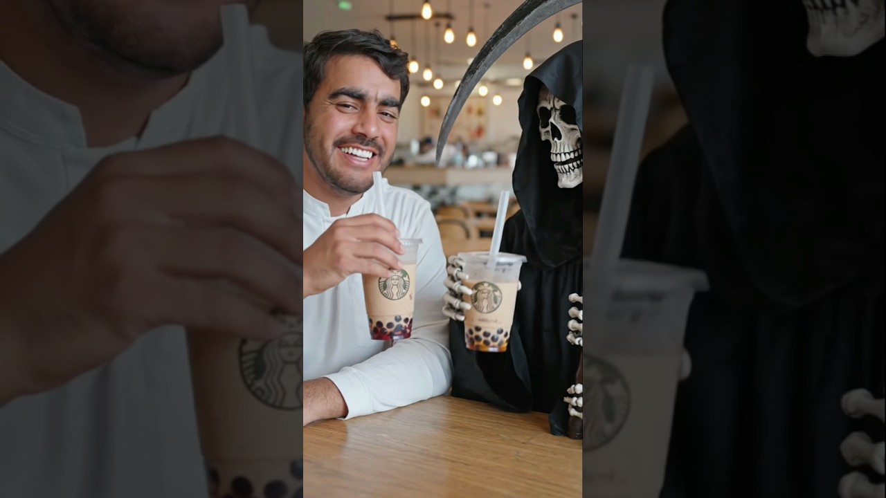 Make me best friends with the Grim Reaper drinking boba tea 