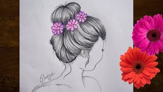How to draw a girl with  messy bun hair - step by step // A girl with beautiful hair