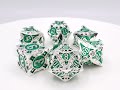 Old School 7 Piece DnD RPG Metal Dice Set: Gnome Forged - Silver w/ Green