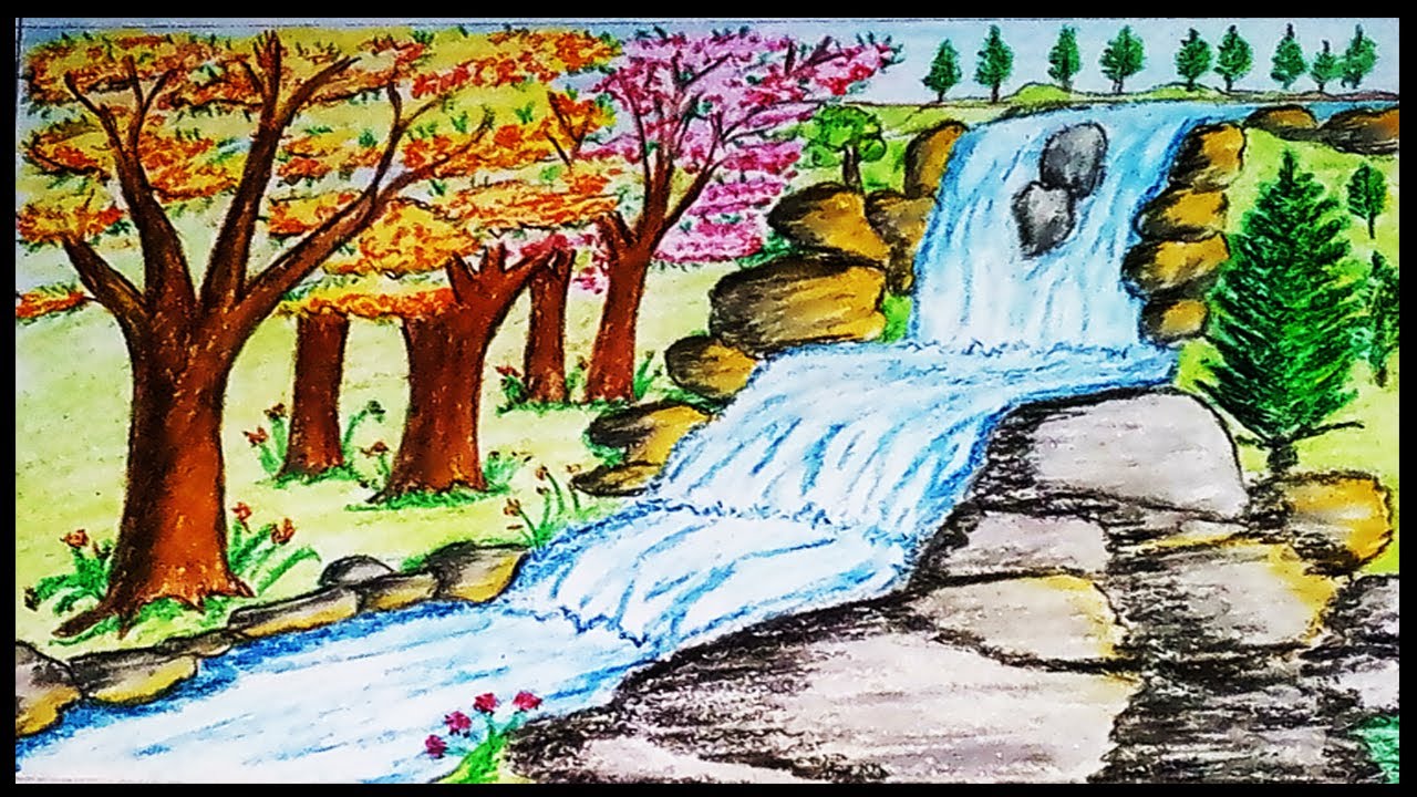 How to draw scenery of Stream waterfall easily - YouTube