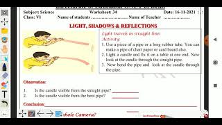 Worksheet No 34 Subject Science Class VI Topic Light Shadow and Reflection Medium English