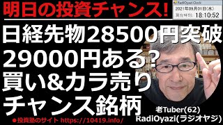 【明日の投資チャンス(明日のチャンス銘柄)】日経平均は先物時間に28,500円に到達。Rの売りシグナルが点灯した。テクニカル的には、もうピークだがどうなるか？明日以降の投資チャンスをラジオヤジが解説。