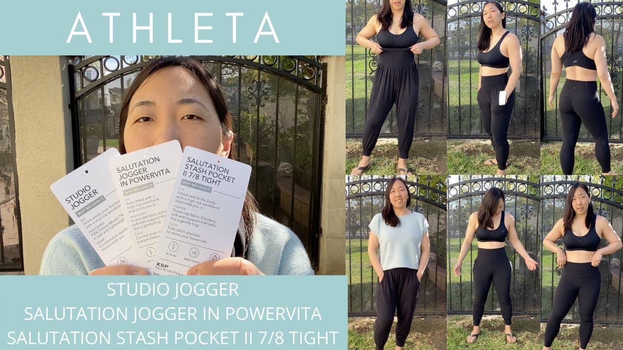 Review: Athleta Studio Jogger, Salutation Jogger in Powervita, Salutation  Stash Pocket II 7/8 Tight 