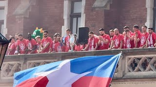Wisła Kraków fans and their team celebrating winning the Polish Cup in Old Town, May 2024
