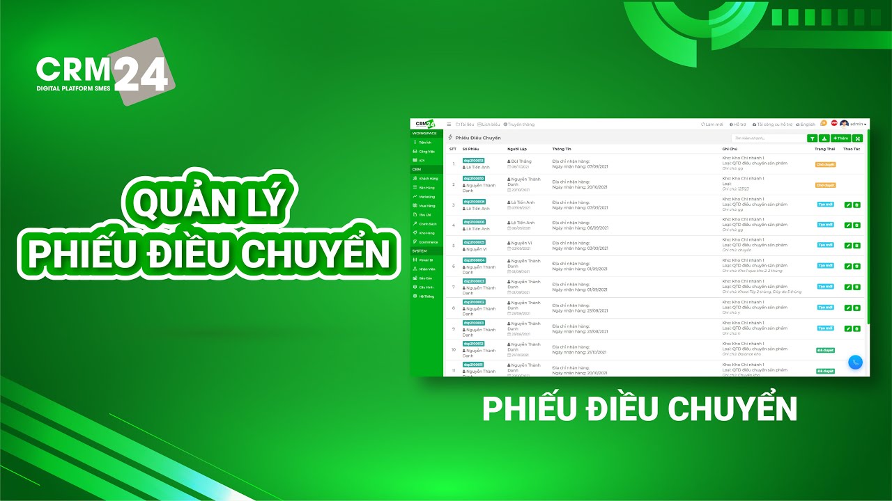 HƯỚNG DẪN SỬ DỤNG PHẦN MỀM CRM24 – CHỨC NĂNG KHO HÀNG – PHIẾU ĐIỀU CHUYỂN