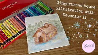 Easy gingerbread house illustration with Neocolor II crayons Cozy Christmas drawing