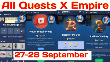 27-28 September All Quests Code X Empire | Riddle Of The Day | Rebus Of The Day | YouTube Video Code