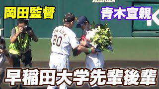 【感動もん！！引退する青木宣親が早稲田の大先輩我らが岡田監督から花束を貰う！】阪神対ヤクルト