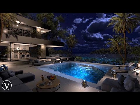 Ocean Front Villa | Night Ambience | Calm Beach Waves & Tropical Nature Sounds