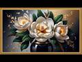 Elegant Magnolia Flowers with Gold Accents | Luxury Floral Art | 7 Hours | 5 Pictures Loop