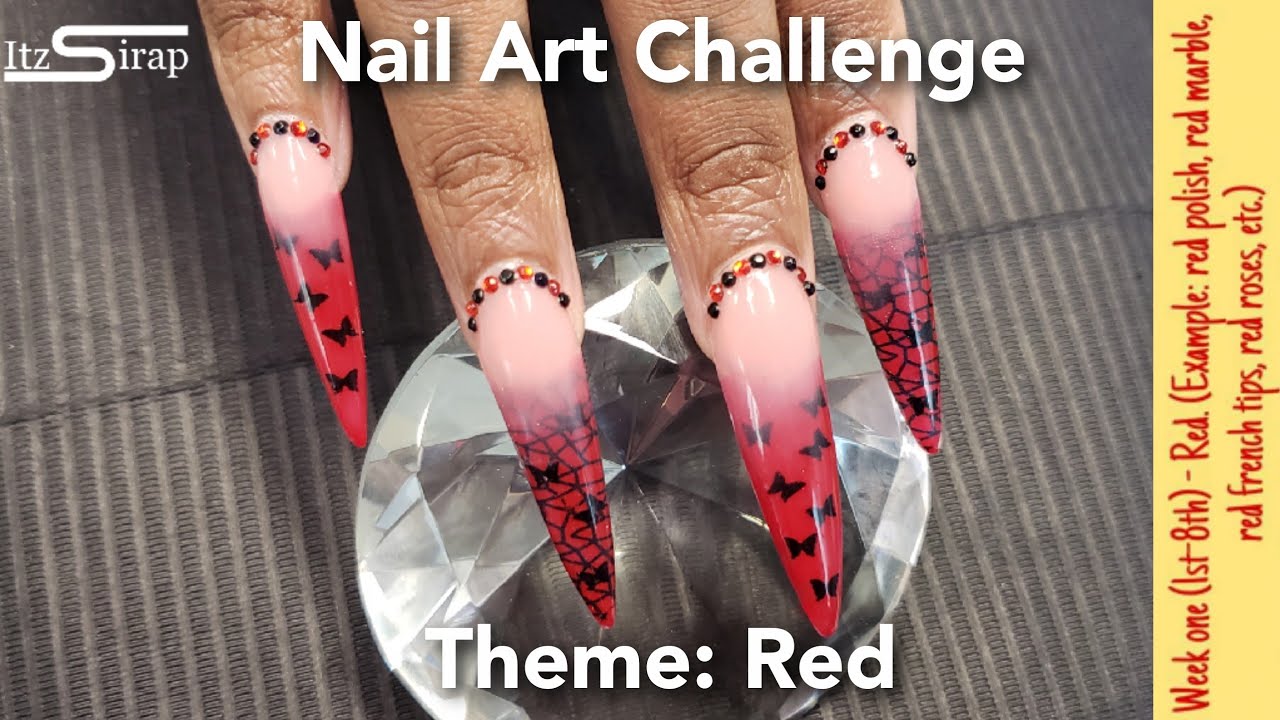 Red Nails | August Nail Art Challenge Week 1 | Red & Black Butterfly Encapsulated Nails | Itz Sirap