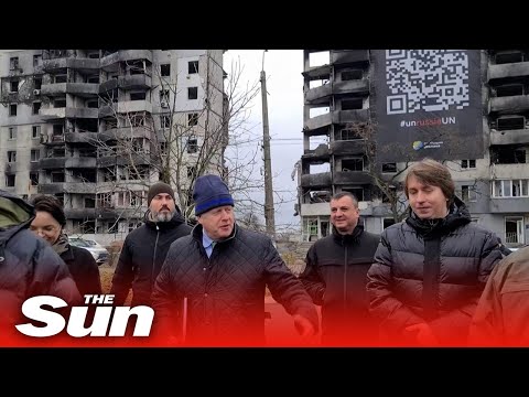 Boris Johnson visits battered Kyiv suburb on Ukrainian unity day.