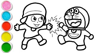 Cute Pocoyo Playing With Doraemon Drawing, Painting And Coloring For Kids And Toddlers Doraemon Art