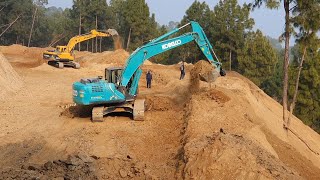 Hyundai 220 LS Excavator - Kobelco SK 220 Excavator Cutting Hill- Opening New Track On Hill-Part 10
