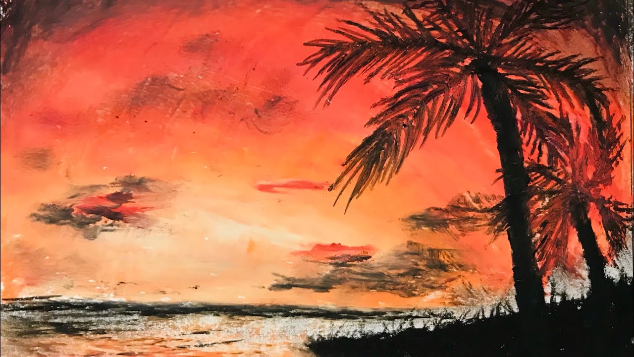 クレヨン画でヤシの木と海辺を描く！ - YouTube